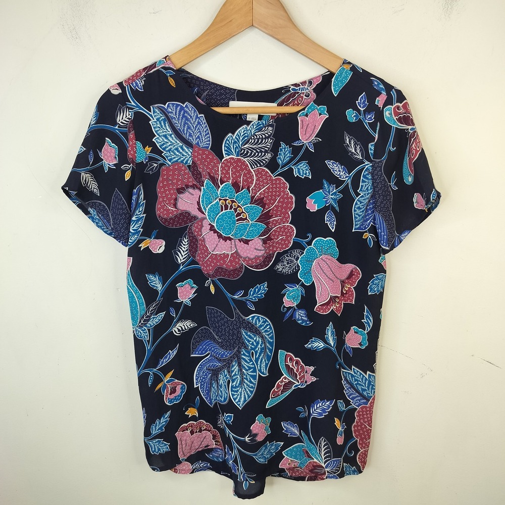 LOFT Floral Blouse Top XS Short Sleeve Navy Pink Bold Pretty